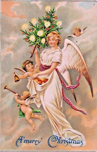 Christmas Angels In Clouds W/ Lit Candle Tree Antique Postcard Emboss