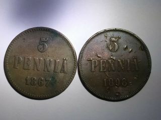 Finland Russia 5 Pennia 1867,  1898 Both Rare Coins