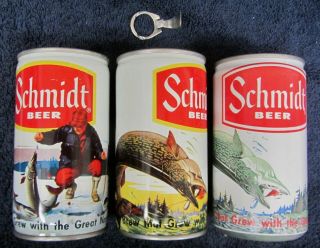 3 Vintage 70s Schmidt Fishing Steel Beer Cans Musky Northern Ice Fishing Pop Top