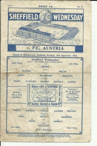 Sheffield Wednesday V F.  C Austria 10/12/1934 - Extremely Rare Programme