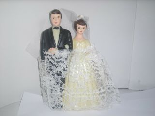 Vintage Bride And Groom Wedding Cake Topper Pre - Owned,  Lace Gown/netting Veil