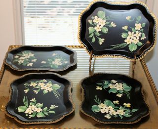 4 Vintage Small Toleware Black Floral Tray 9 1/4 " Hand Painted