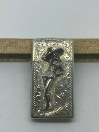 Rare Zippo 1993 Sterling Silver Hand Engraved Cowgirl Rodeo Lighter