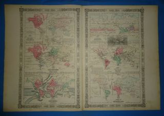Vintage 1864 The World Maps Old Antique Johnson 