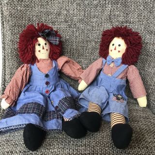 Pair Raggedy Ann & Andy Vintage Cloth Dolls Antique Toys Handmade Clothes 18”