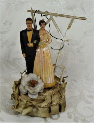 Vintage Mid Century Wedding Cake Topper Ceramic Bride & Groom Pedestal