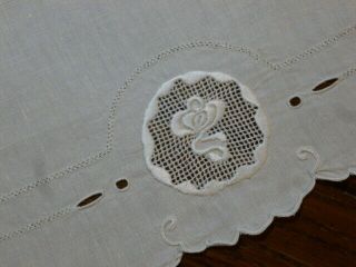 Vtg Antique Linen Table Runner Dresser Scarf Embroidered Pulled Drawn Thread