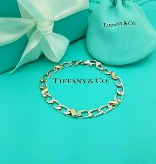 Tiffany & Co Silver 18k Gold Bar Oval Link Italy Bracelet 7.  5 Inch Very Rare
