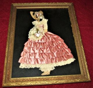 Vintage Antique Framed Ribbon Art Paper Doll Picture Girl Purse,  Pantaloons
