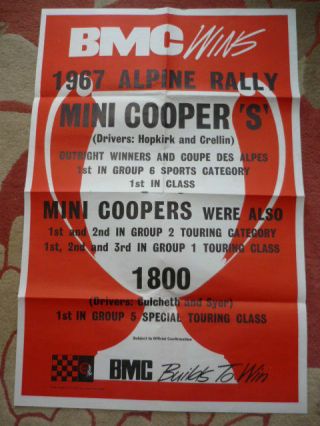 Rare,  Mini Cooper S Wins 1967 Alpine Rally Success Showroom Poster