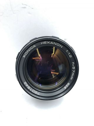 Konica Hexanon Ar 57mm F/1.  2 Camera Lens Rare Read