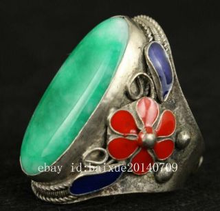 Old Handwork Natural Green Jade Tibet Silver Enamel Flower Adjust Ring a02 2