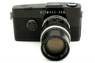 RARE Olympus PEN F BLACK 35mm SLR Film Camera W/ E zuiko Auto - T 100mm F3.  5 Lens 2