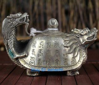 Old Chinese Tibetan Silver Hand Carved Dragon Turtle Teapot W Kangxi Mark