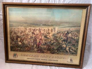 Rare Vintage 32” X 24” Custer’s Last Fight Framed Print Anheuser Busch Brewing