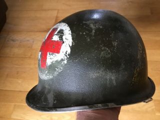 Rare Ww2 Front Seam Us Army Medic Helmet & Westinghouse Liner,  Armoured Unit