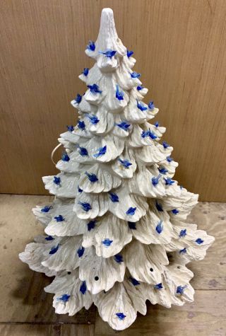 Rare Vintage Ceramic Light Up White 27” Christmas Tree With Blue Bird Lights