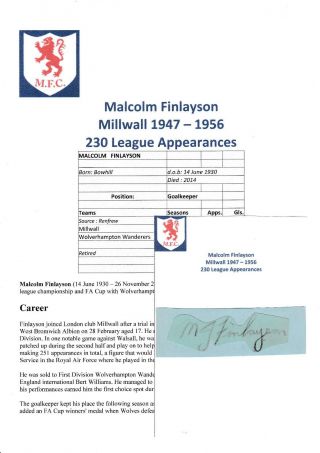 Malcolm Finlayson Millwall 1947 - 1956 Rare Hand Signed Cutting/card