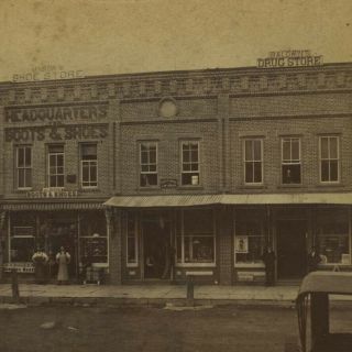 Antique Stereoview Photo,  1883,  Main St Drug Store & Boot Store,  Trade Signs,  Kinney