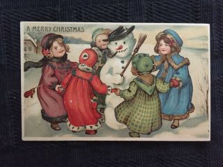 Antique Christmas Postcard - Children Dancing Around Snowman - Glitter