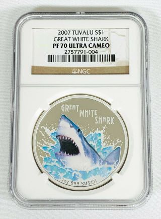 Rare 2007 Tuvalu 1 Oz Silver Deadly And Dangerous Great White Shark Ngc Pf70uc