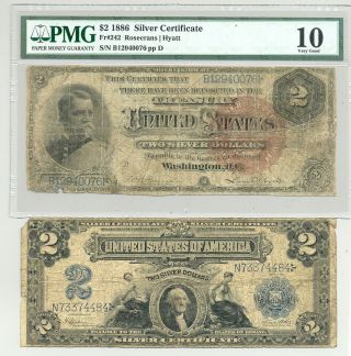 Rare $2 Series 1886 Winfield Hancock (fr.  242) And $2 1899 Silver Certificates