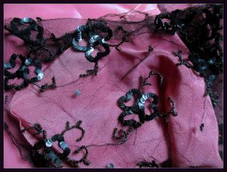 Antique Victorian 1900 Silk Tulle Lace Sequined Flowers Tiny Glass Bead Trim Frg