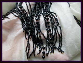 Antique Victorian 19th Hdmd Tiny Jet Glass Bead Fringe Trim Mourning