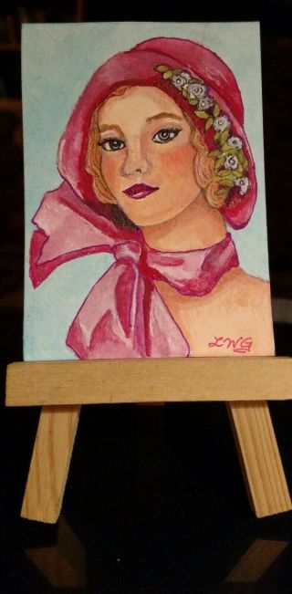Aceo Vintage Art Woman With Pink Hat Watercolor And Ink (1931) Painting