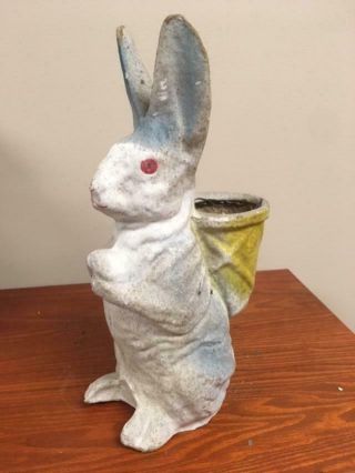 Vintage Antique Paper Mache Bunny Rabbit With Back Basket 11 " Tall