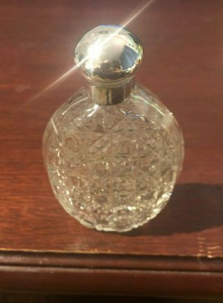 Vintage Oval Hobnail Cut Glass Scent Bottle/flask With Silver Plated Screw Top.