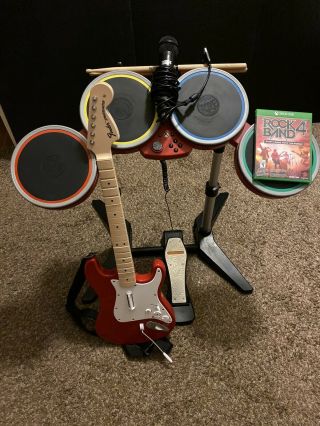 Rare Rock Band 4 Exclusive (red) Bundle For Xbox One Guitar Drum Set Mic Game.