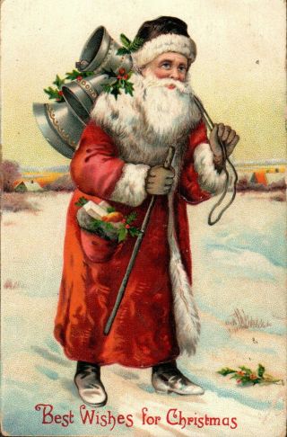 Antique German Christmas Postcard Santa Claus W/walking Cane Carrying Bells