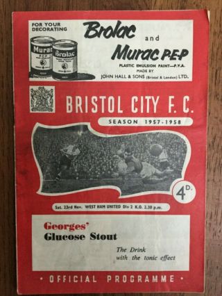 Bristol City V West Ham Utd Programme 23 Nov Div 2 1957 - 58 Rare