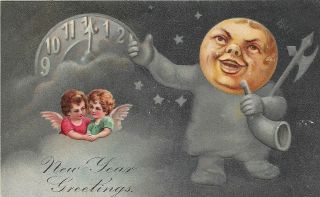 Antique Year Postcard Clock Man In The Moon With Cupids