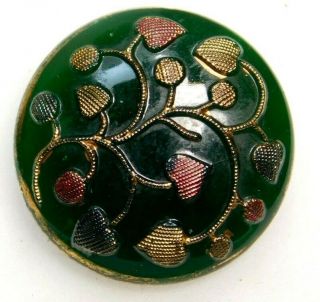 Antique Button Victorian Glass Convex Green W Tiny Painted Hearts & Vines W