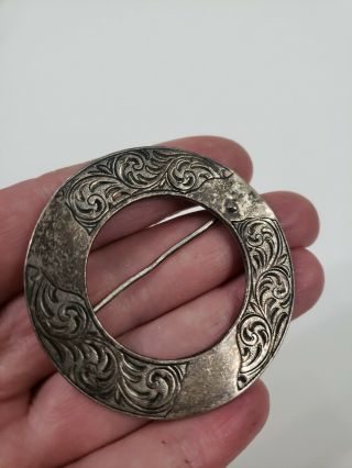 Estate Antique Sterling Silver P&b Etched Round Pin Brooch 2 " D 12 G