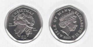 Isle Of Man Rare 50 Pence Unc Coin 2003 Year Km 1083 Christmas Snowman & James