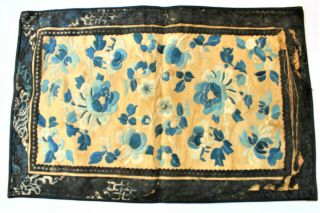 Antique Chinese Export Embroidered Silk Textile W Large Blue Flowers