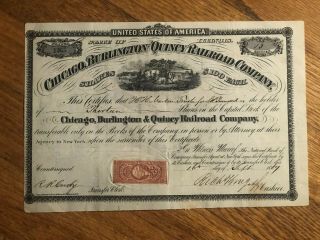 Antique Chicago Burlington Quincy Railroad Stock Certificate Washington Stamp