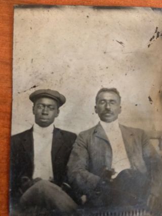 Tintype Of African American Man & White Man Antique Black & White Tin Photo Hat