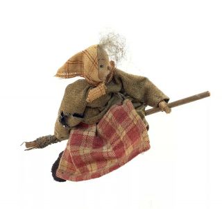 Antique Stocking Doll Stockingette Doll Witch Flying On Broom Primitive 6”