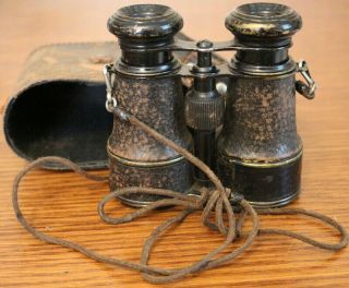 Antique Binoculars & Case Champiere Paris Removable Leather Strap