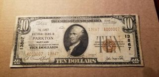 $10 1929 First Nb In Parkton Md Ch 13867 Serial 7 Rare Bank 10 Reported