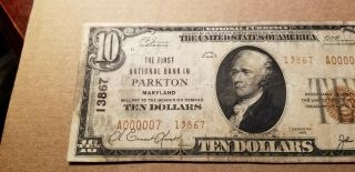 $10 1929 FIRST NB IN PARKTON MD CH 13867 Serial 7 RARE BANK 10 REPORTED 2