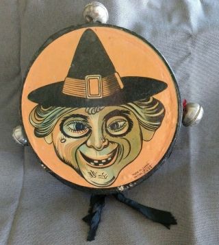 Rare Vintage 20s 30s Japan Halloween Paper & Jingle Bell Witch Face Tambourine