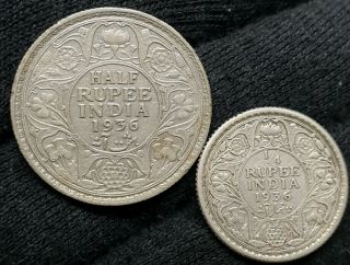 1/2 And 1/4 Rupee 1936 India Half Quarter Silver Coin Antique