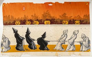 – Ca.  1918 Rare Halloween Crepe,  Witches And Ghouls Having A Tug - O - War.