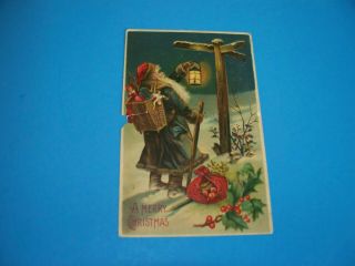 Vintage Antique Postcard Christmas Santa Reading Street Sign 1908