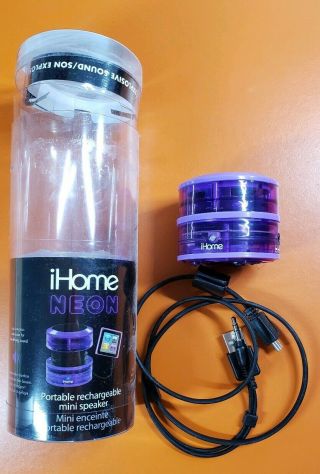 Ihome 3.  5mm Aux Rechargeable Portable Mini Speaker In Rare Purple Translucent